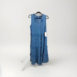 NWT Mlle Gabrielle 1X Tiered Chambray Maxi Dress Sleeveless Tassels